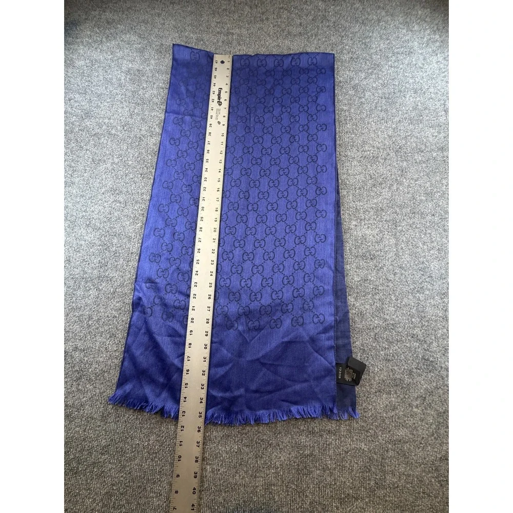 Gucci GG Monogram Scarf Blue Silk Blend Eyelash Fringe Made in Italy Luxury